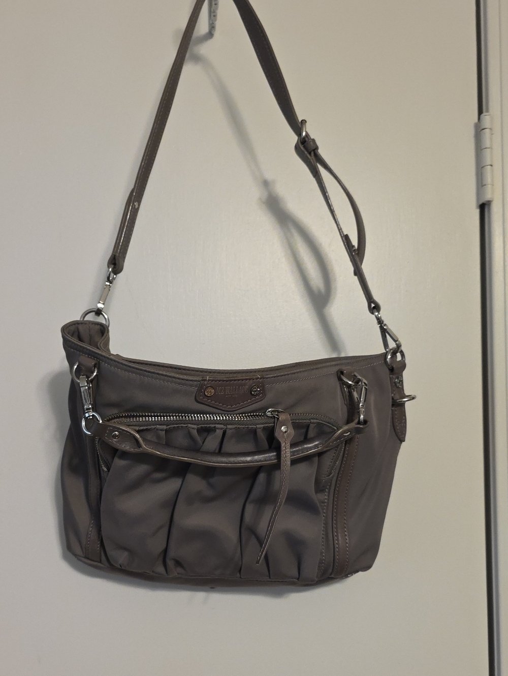 MZ Wallace Taupe Nylon W/ Leather Trim Pleated Front Satchel